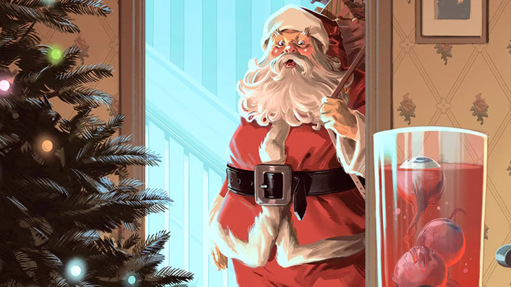 santa looking surprised in background doorway with a glass of eyeballs in foreground in i saw santa