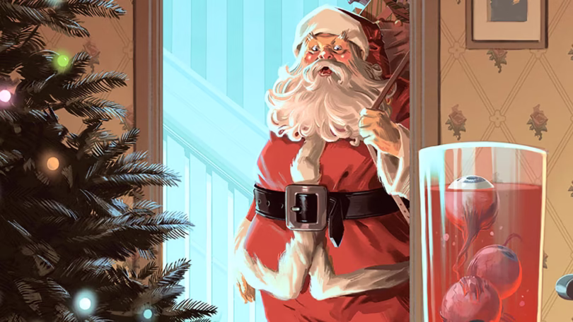 santa looking surprised in background doorway with a glass of eyeballs in foreground in i saw santa