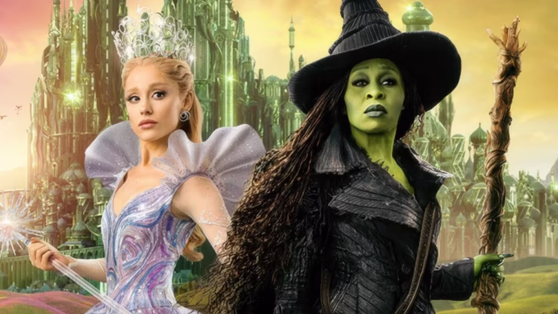 cynthia erivo as elphaba and ariana granda as glinda posing together on the poster for wicked for go