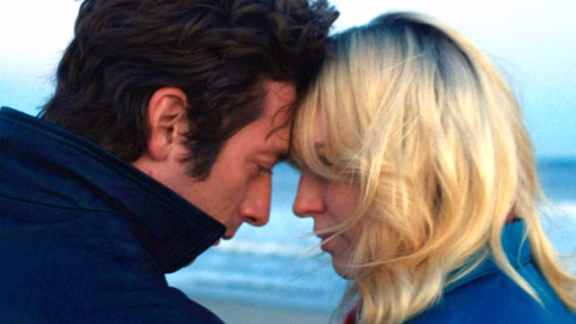 jeremy allen white and odessa young pressing their foreheads together in bruce springsteen deliver m