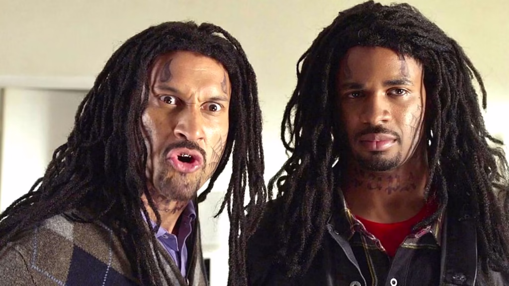 keegan michael key s pupa looking intense and damon wayans jr s justin looking dismissively while in