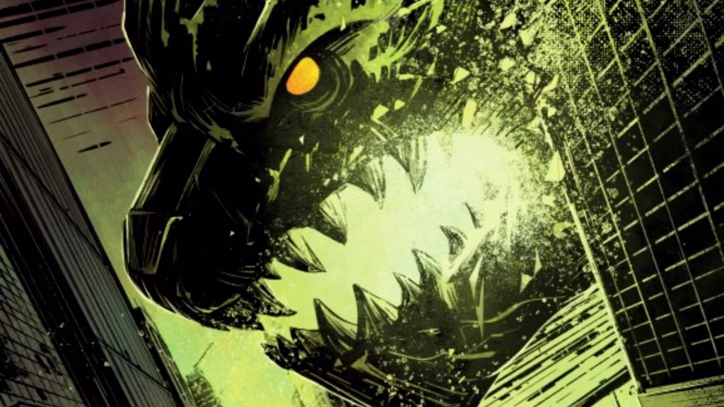 gojira sticks out his head between buildings in godzilla escape the deadzone 4 comic cover variant.j