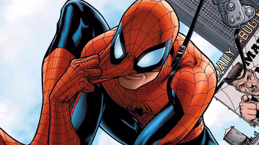 peter parker puts on his mask while web swinging in the amazing spider man brand new day comic cover