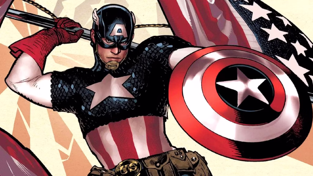 steve rogers holds an american flag while he wields the captain america shield in marvel comics cove