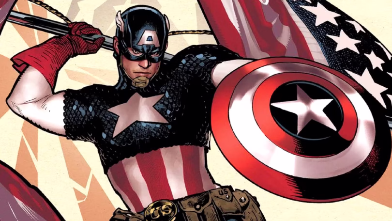 steve rogers holds an american flag while he wields the captain america shield in marvel comics cove