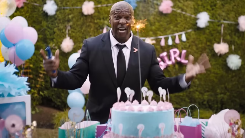 terry crews looking excitedly at a sparkler in a gender reveal cake in call of duty black ops 7 ad.j