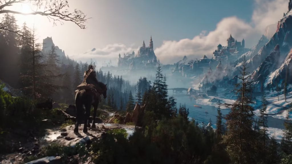 ciri riding kelpie along a mountain ridge looking at a set of snowy peaks in the distance in a scree