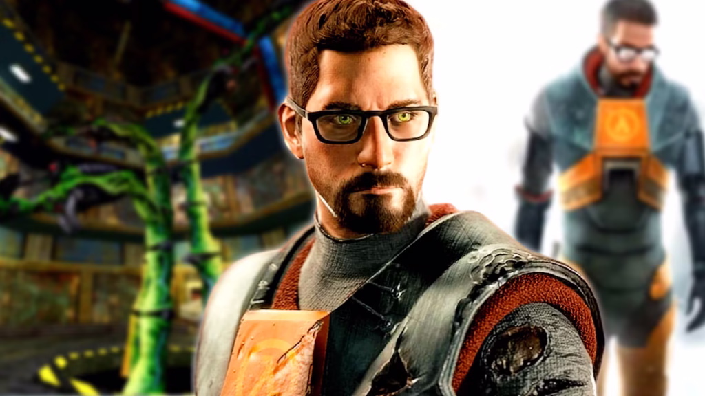 half life gordon freeman closeup with a promotional image of gordon walking in a white space and a t